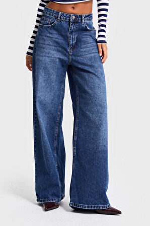 Kadın Koyu Mavi Renk 2w5-5 Süper Baggy Fit Bol Kesim Orta Bel %100 Koton Denim Jean