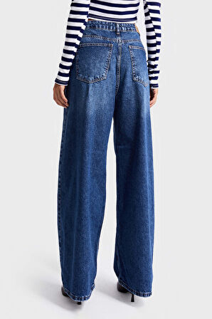 Kadın Koyu Mavi Renk 2w5-5 Süper Baggy Fit Bol Kesim Orta Bel %100 Koton Denim Jean