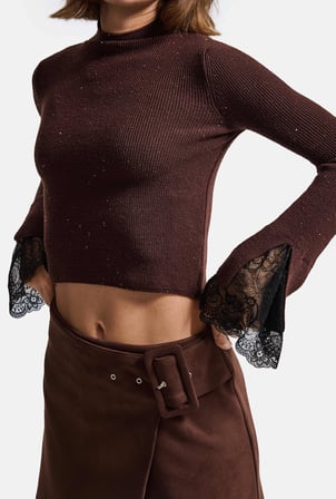 Kadın w6-16 Regular Fit Taş Dantel Detaylı Tasarım Triko Kazak