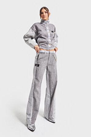 Kadın Gri Renk Kumaş ve Denim Parçalı Aksesuar Detaylı Özel Tasarım Pantolon