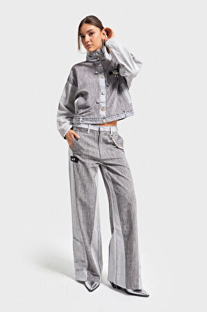 Kadın Gri Renk Kumaş ve Denim Parçalı Aksesuar Detaylı Özel Tasarım Pantolon