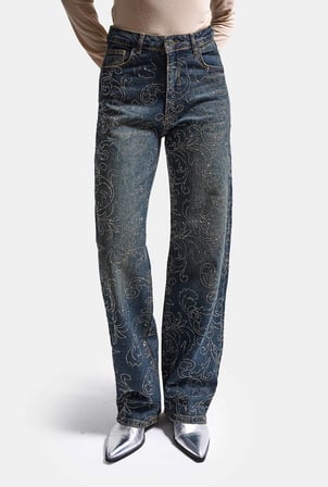 Kadın T-2w6-8 Straight Fit Özel Desen Parlak Taş Tasarım Denim Jean