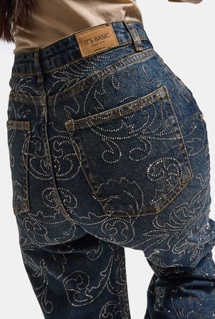 Kadın T-2w6-8 Straight Fit Özel Desen Parlak Taş Tasarım Denim Jean