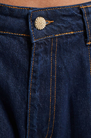 Kadın İndigo Renk 7s5-50 Palazzo Fit Süper Bol Kesim Pileli %100 Koton Denim Jean