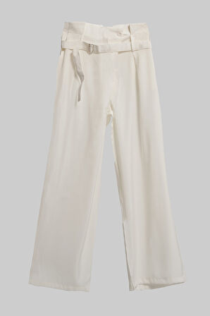 Kadın Ekru Renk Palazzo Fit Kemer Detaylı İpek Saten Kumaş Özel Tasarım Pantolon