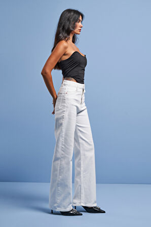 Kadın Beyaz Renk Likralı Kumaş Wide Leg Denim