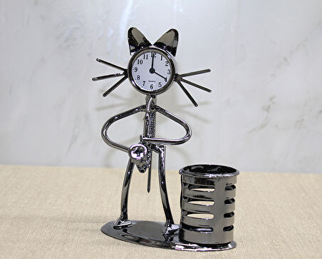 Metal Saksafon Çalan Müzisyen Kedi Saat Ve Kalemlik 