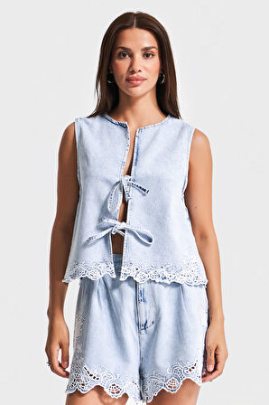 Kadın Snow Kot Rengi 3s5-3 Viskon Koton Kumaş Bağcık Dantel Detaylı Sıfır Kol Tasarım Denim Yelek