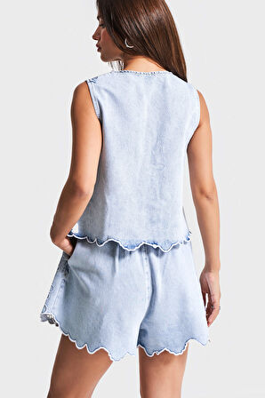 Kadın Snow Kot Rengi 3s5-3 Viskon Koton Kumaş Bağcık Dantel Detaylı Sıfır Kol Tasarım Denim Yelek