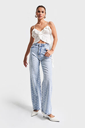 Kadın kot Rengi 4s5-3 Parlak Simetrik Taşlı Straight Fit Yüksek Bel Tasarım Denim Jean