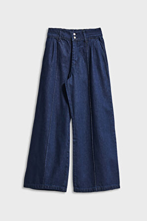 Kadın İndigo Renk 7w5-50 Wide Leg Fit İç Boy 74cm Bol Kesim Viskon Kumaş Kemer Detaylı Denim Jean