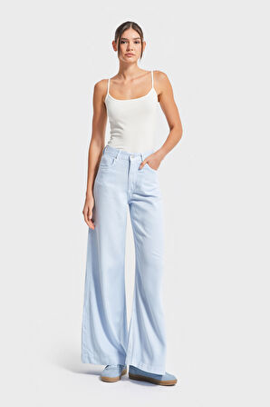 Kadın Bebe Mavisi Renk 6s5-103 Wide Leg Flare Fit Organik Pamuk Viskon Kumaş Pantolon