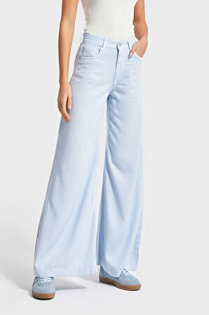Kadın Bebe Mavisi Renk 6s5-103 Wide Leg Flare Fit Organik Pamuk Viskon Kumaş Pantolon