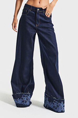 Kadın İndigo Mavi Renk 7w5-50 Palazzo Fit Viskon Kumaş Çiçek Nakışlı Özel Tasarım Denim Jean
