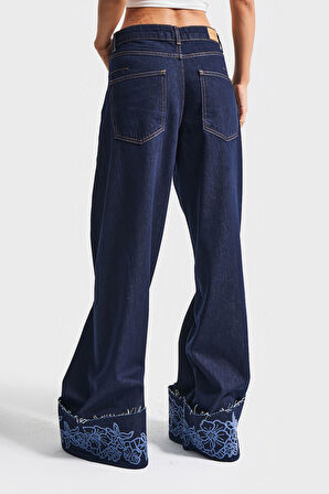 Kadın İndigo Mavi Renk 7w5-50 Palazzo Fit Viskon Kumaş Çiçek Nakışlı Özel Tasarım Denim Jean