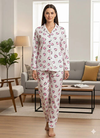 KADIN DÜĞME DETAYLI PİJAMA TAKIM