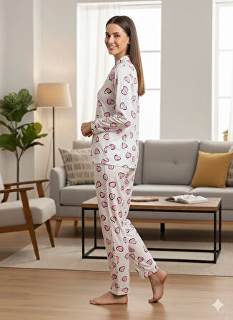 KADIN DÜĞME DETAYLI PİJAMA TAKIM