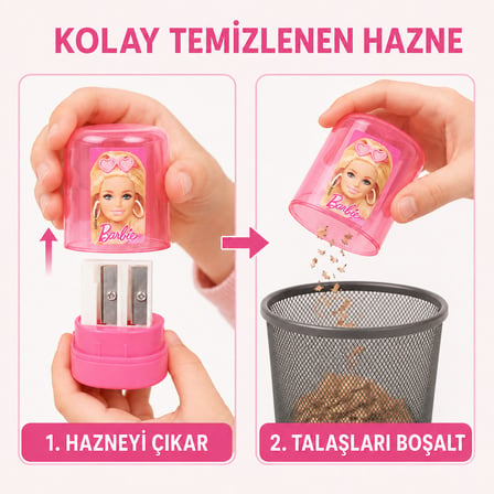 BakGelAl Barbie Çift Delikli Hazneli Kalemtıraş – 2 Bölmeli Kalemtıraş | Okul ve Kırtasiye