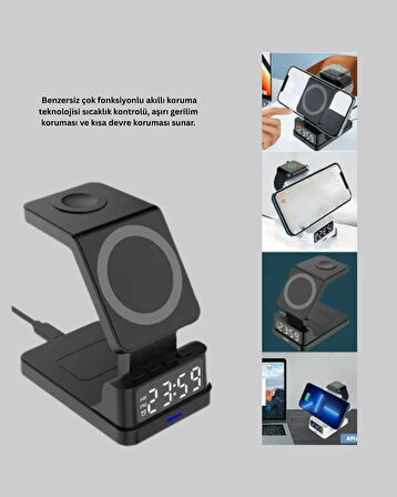 Dijital Saatli Kablosuz Şarj İstasyonu – 3’ü 1 Arada Apple Uyumlu Hızlı Şarj ve LED Ekran