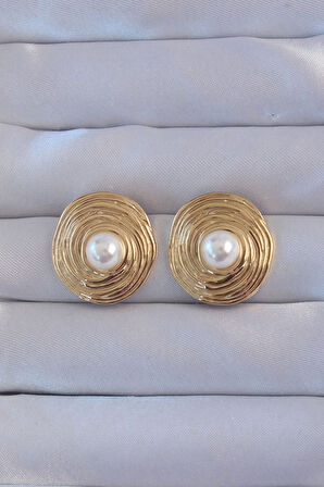316L Çelik Gold Renk İnci Detay Oval Kıvrımlı Vintage Küpe