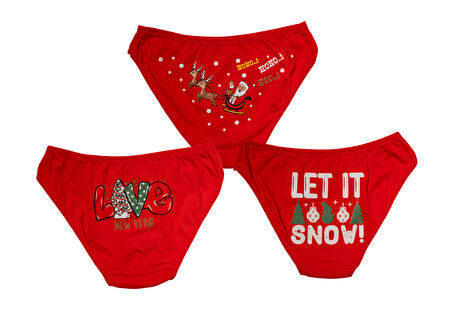 Kırmızı Yılbaşı Desenli 3'lü Pamuklu Külot Takımı - Kırmızı - L