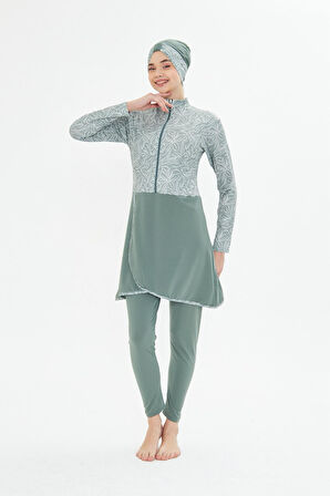 Kadın Tam Kapalı Tesettür Mayo 4 Parça – Desenli – YEŞİL-XL