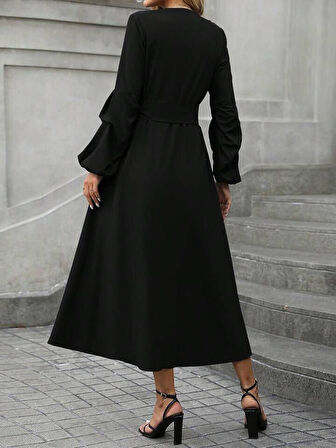 Kadın Uzun Kollu Derin V Yakalı Belden Kuşaklı önden Düğmeli Janjan Krep Elbise