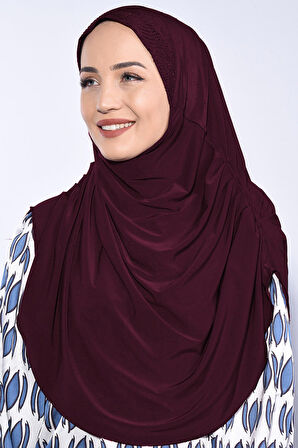 Taşlı Pileli Hijab Bordo  - Bordo