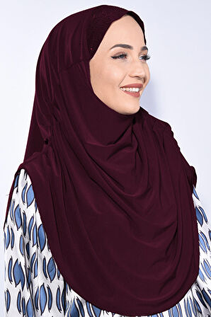 Taşlı Pileli Hijab Bordo  - Bordo
