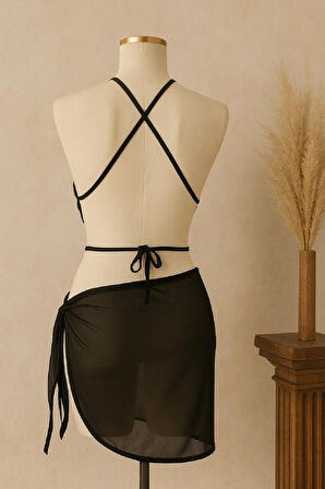 Kadın Siyah Çapraz Bağlamalı Crop Ve Pareo 2'li Set - Siyah - L-XL