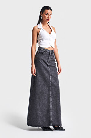 Kadın Antrasit Kot Rengi 3S5-14 Çan Kesim %100 Koton Maxi Boy 100 cm Denim Etek