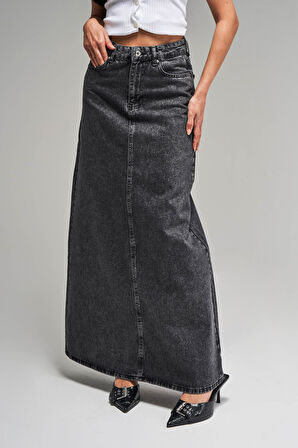 Kadın Antrasit Kot Rengi 3S5-14 Çan Kesim %100 Koton Maxi Boy 100 cm Denim Etek