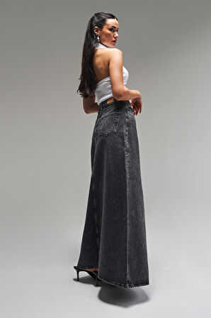 Kadın Antrasit Kot Rengi 3S5-14 Çan Kesim %100 Koton Maxi Boy 100 cm Denim Etek