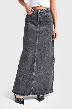 Kadın Antrasit Kot Rengi 3S5-14 Çan Kesim %100 Koton Maxi Boy 100 cm Denim Etek