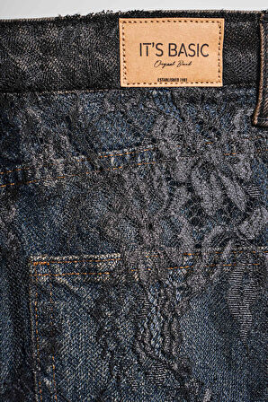 Kadın Kot Rengi 2w5-8 Straight Fit %100 Koton Dantel Detaylı Etek Özel Tasarım Denim Jean
