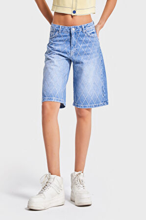 Kadın Kot Rengi T-2s5-4 Baggy Bermuda Fit Parlak Taşlı %100 Koton Tasarım Denim Jean