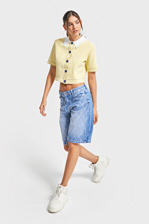 Kadın Kot Rengi T-2s5-4 Baggy Bermuda Fit Parlak Taşlı %100 Koton Tasarım Denim Jean