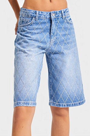 Kadın Kot Rengi T-2s5-4 Baggy Bermuda Fit Parlak Taşlı %100 Koton Tasarım Denim Jean