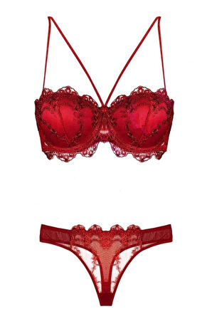 Nurteks 4591 Destekli Dantelli Sütyen Takım - Kırmızı - 85
