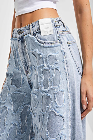 Kadın Ice Kot Rengi Yıpratma Detaylı Kumaş Özel Tasarım Palazzo Fit %100 Koton Denim Jean