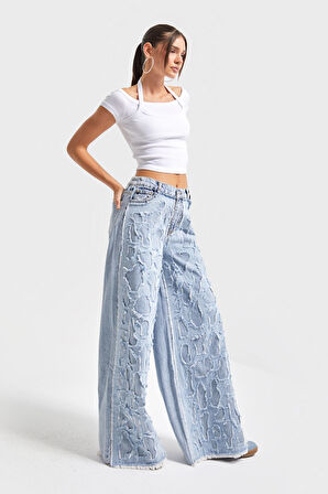Kadın Ice Kot Rengi Yıpratma Detaylı Kumaş Özel Tasarım Palazzo Fit %100 Koton Denim Jean