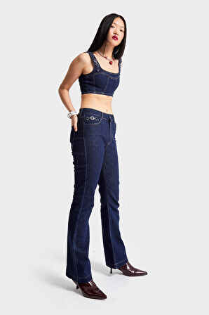 Kadın Lacivert Renk 19w5-33 Yüksek Bel Flare Fit Aksesuar Detaylı Esnek Kumaş Tasarım Denim Jean