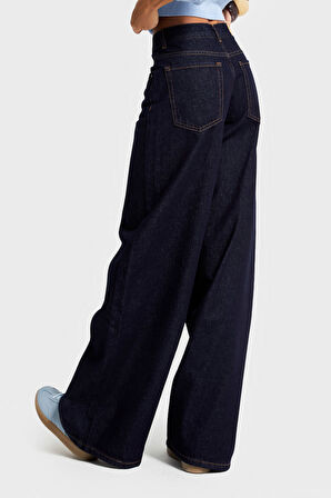 Kadın İndigo Renk 7w5-50 Palazzo Fit %100 Koton İç Boy 80cm Denim Jean