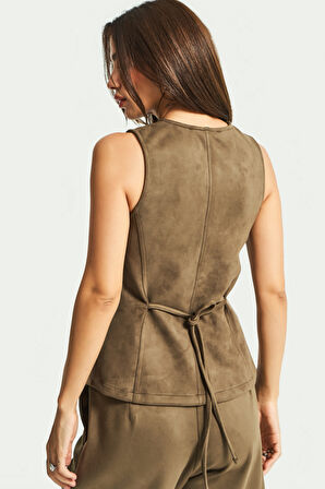 Kadın Haki Renk w5-15 Süper Esnek Yumuşak Süet Kumaş Önü Düğmeli Yelek