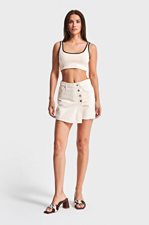 Kadın Raw Renk 7s5-69 Midi Boy Önü Düğmeli %100 Koton Denim Şort Etek