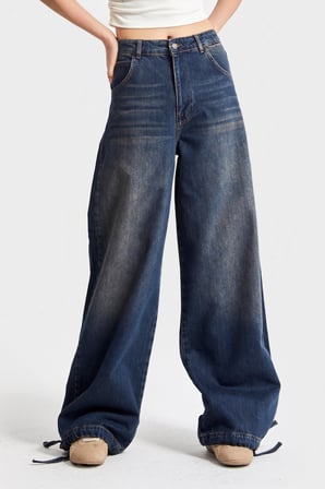 Kadın T.Kot Rengi 2w5-8 Straight Palazzo Fit Paçası Bağcıklı Süper Bol Kesim %100 Koton Denim Jean