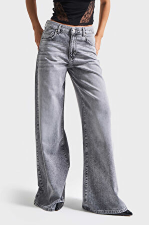 Kadın Gri Renk 4s5-13 Palazzo Fit Bol Kesim %100 Koton Orta Bel Denim Jean