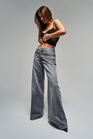 Kadın Gri Renk 4s5-13 Palazzo Fit Bol Kesim %100 Koton Orta Bel Denim Jean