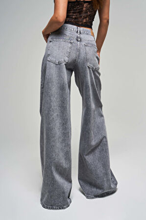 Kadın Gri Renk 4s5-13 Palazzo Fit Bol Kesim %100 Koton Orta Bel Denim Jean