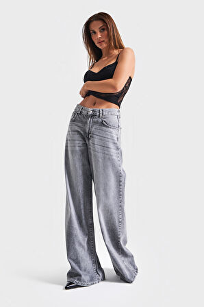 Kadın Gri Renk 4s5-13 Palazzo Fit Bol Kesim %100 Koton Orta Bel Denim Jean